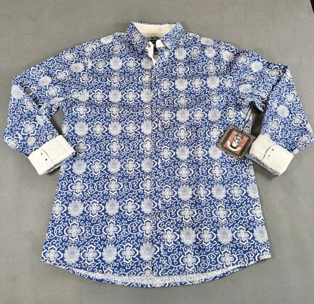 NWT Rock Roll n Soul Outside Bar Blue Mosaic Floral Button Up Shirt Men's XL